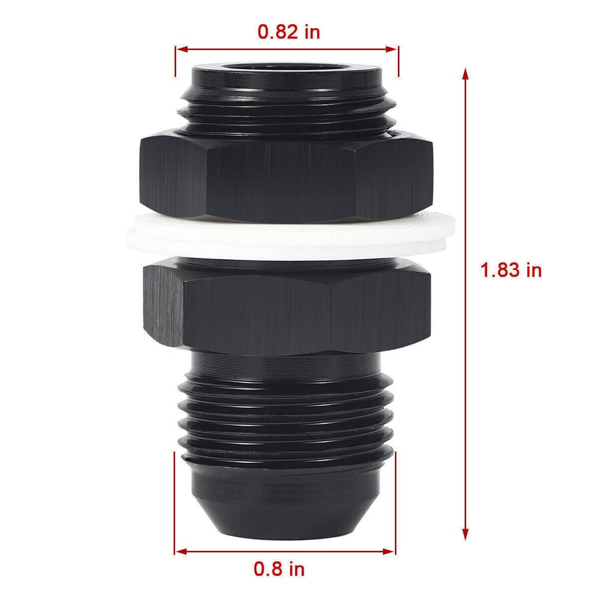 Black AN adapter fitting with hex body, threaded ends, and PTFE washer
