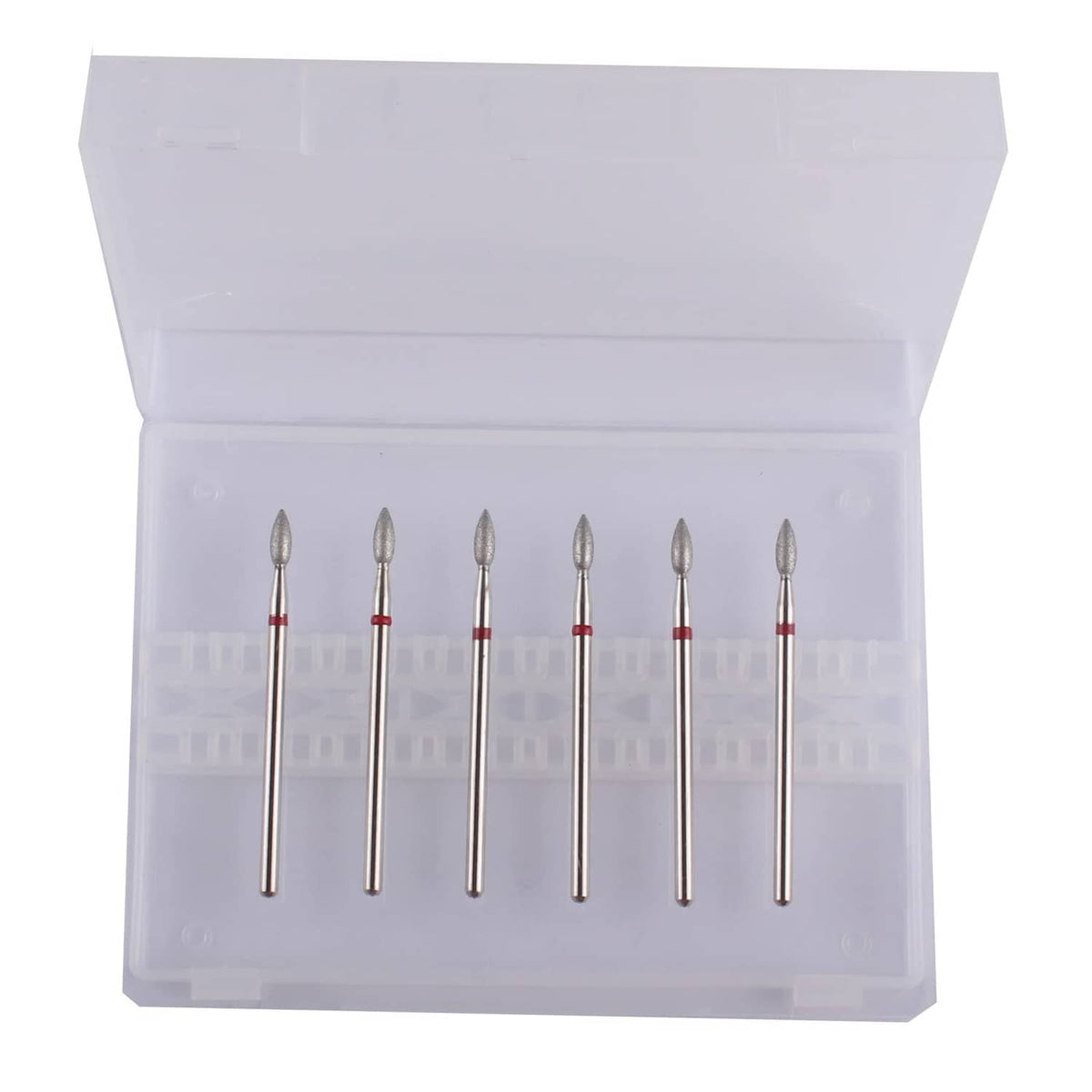 Nail drill bits set in clear case, showing 6 flame-shaped fine grit tips