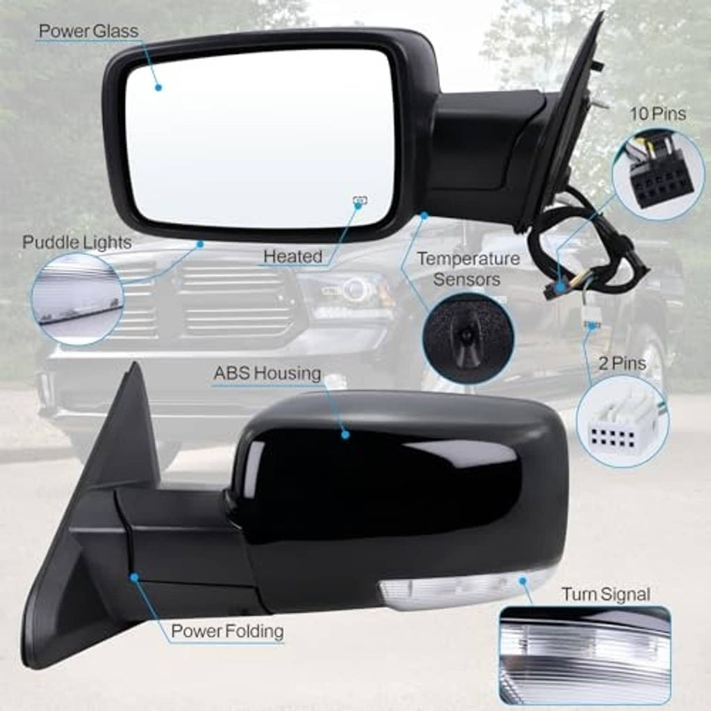 Heated black left driver-side mirror with power folding, puddle lights, turn signal, sensors