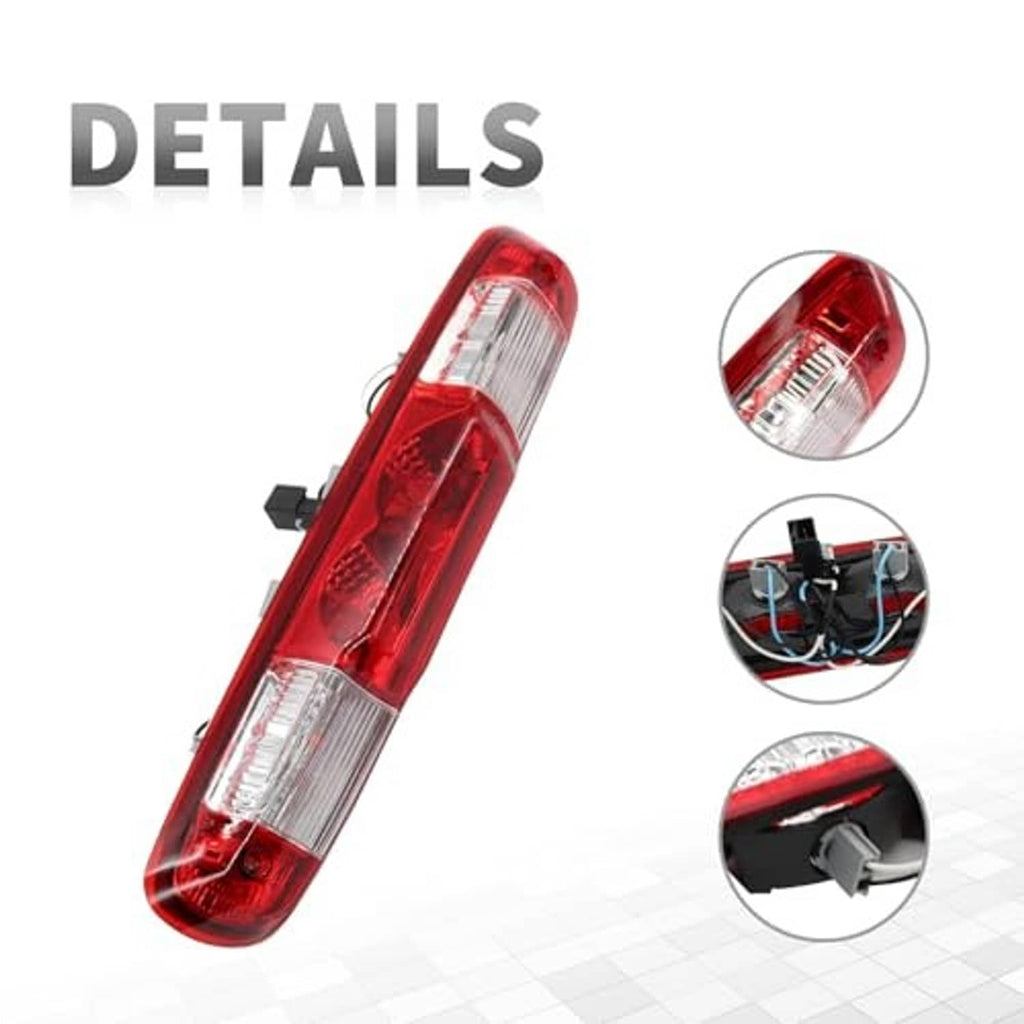 Red high-mount third brake light with clear side sections and center lens
