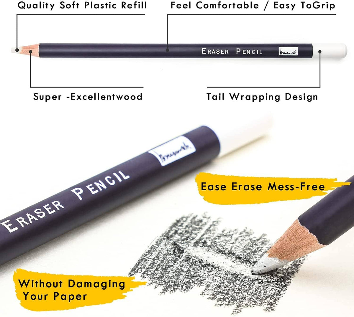 Eraser pencil with dark navy barrel and white eraser tip, shown on a paper sketch smear