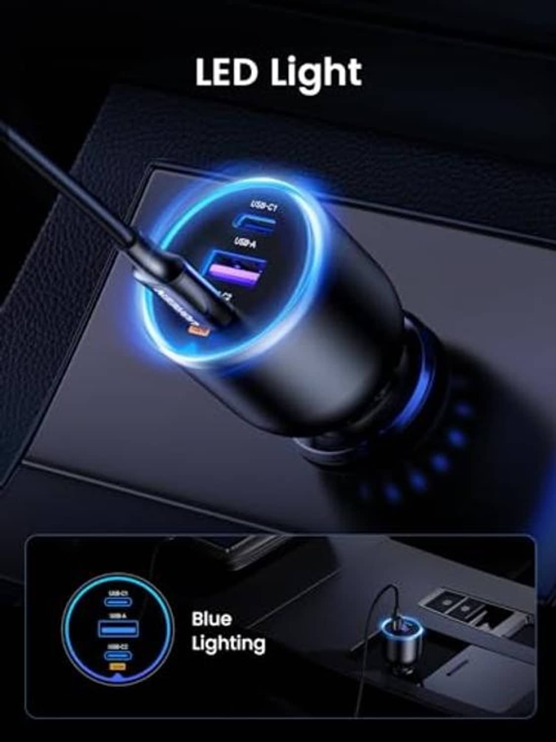 Black car USB charger with blue LED light ring around the ports