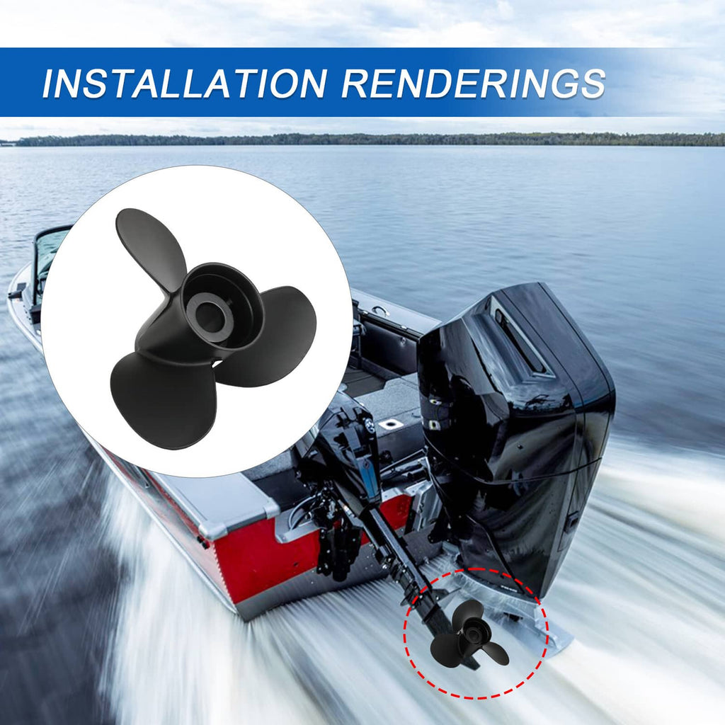 Outboard motor with mounted black three-blade propeller and hub view inset