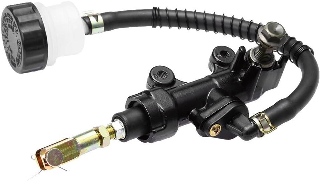 Rear brake master cylinder pump with white reservoir cap and gold fitting ends