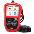 Red handheld OBD2 code reader with LCD screen, buttons, and OBD cable connector