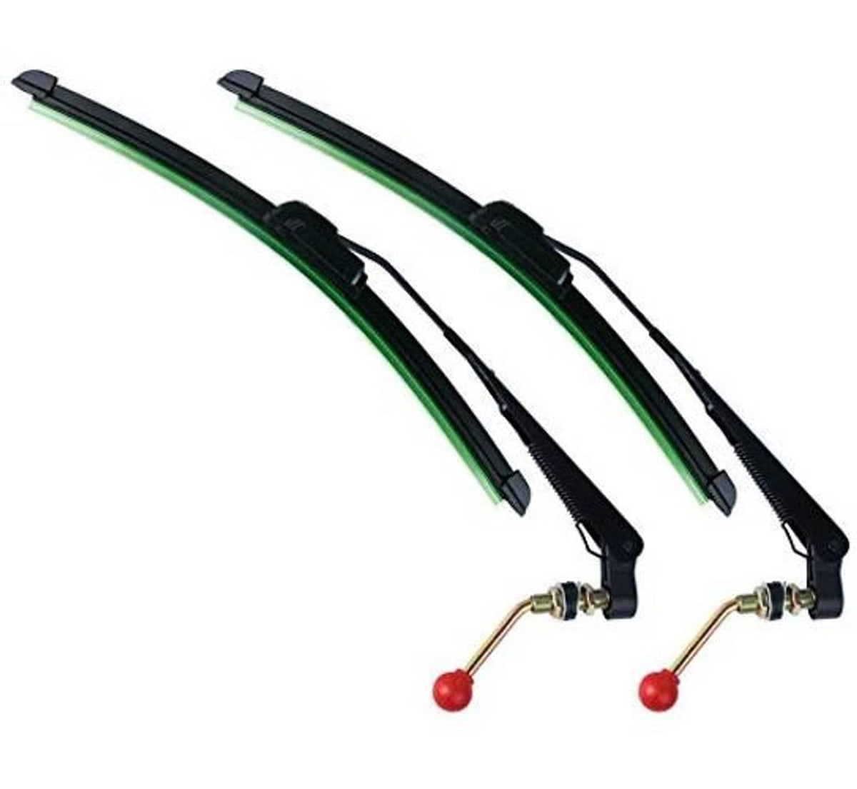Manual UTV windshield wiper kit with two green/black wiper blades and red pull arms