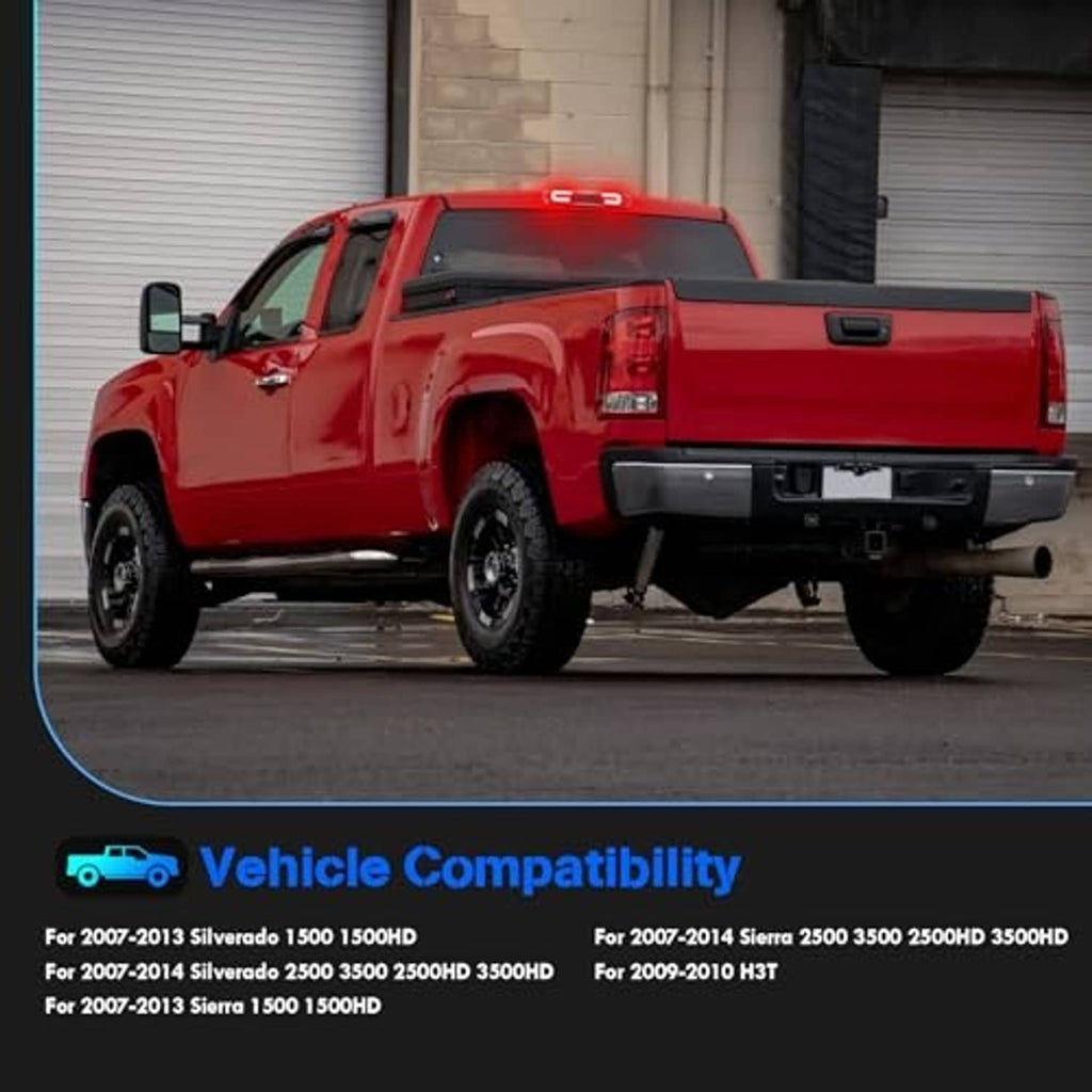 LED third brake light on red pickup truck, red LEDs illuminated on the roof mount