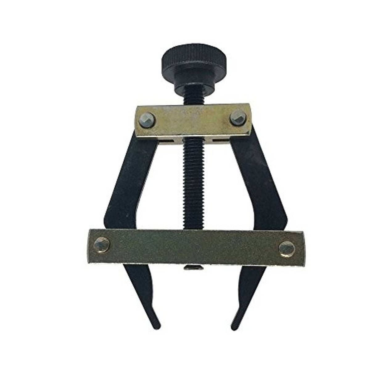 Roller chain connecting puller holder with black U-clamps, gold crossbar and threaded screw