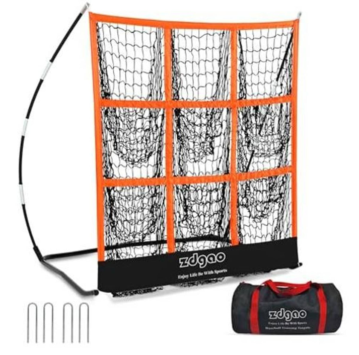 Orange 9-hole baseball pitching net with black base and white target grid, includes bag
