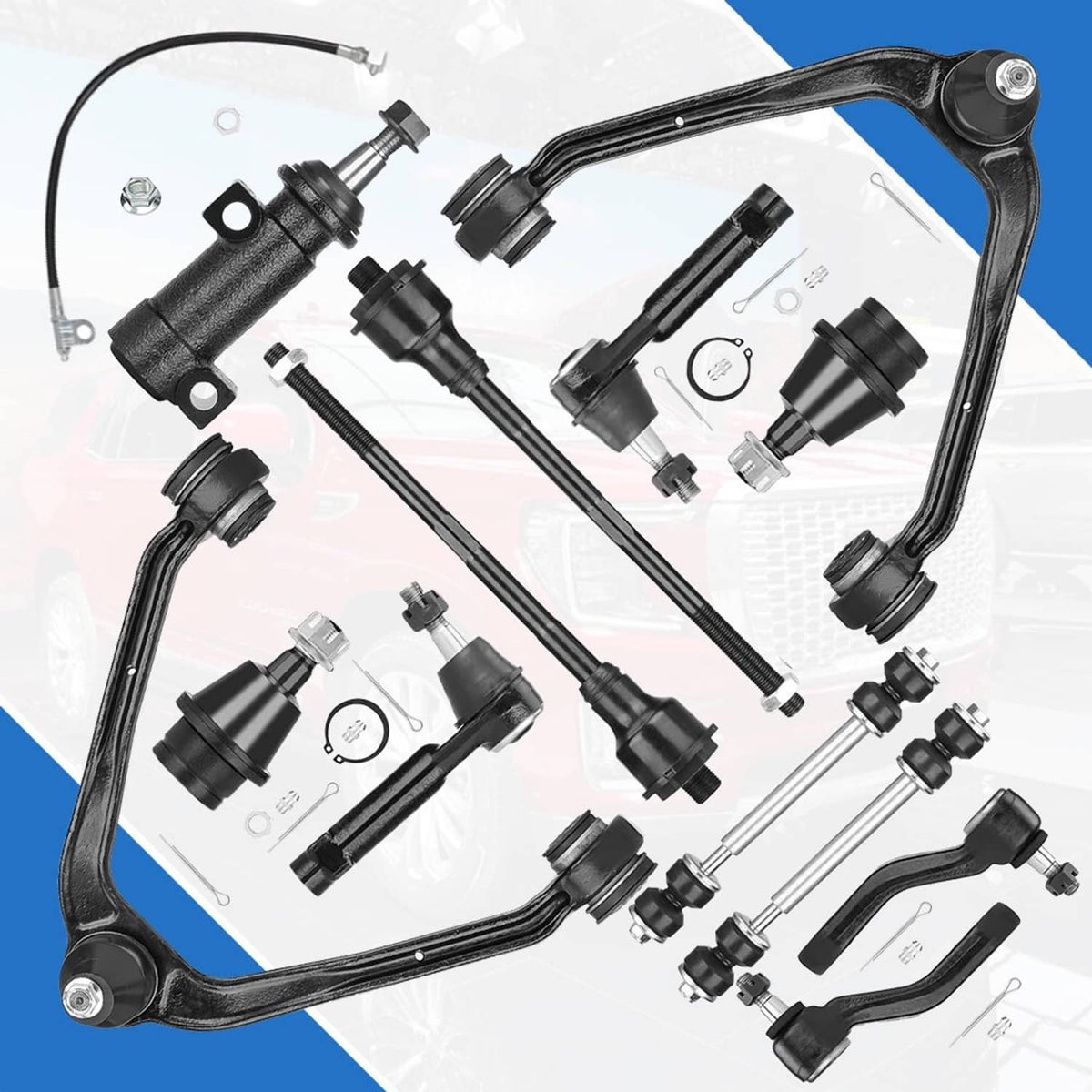 Black suspension control arms, ball joints, and tie rods parts set
