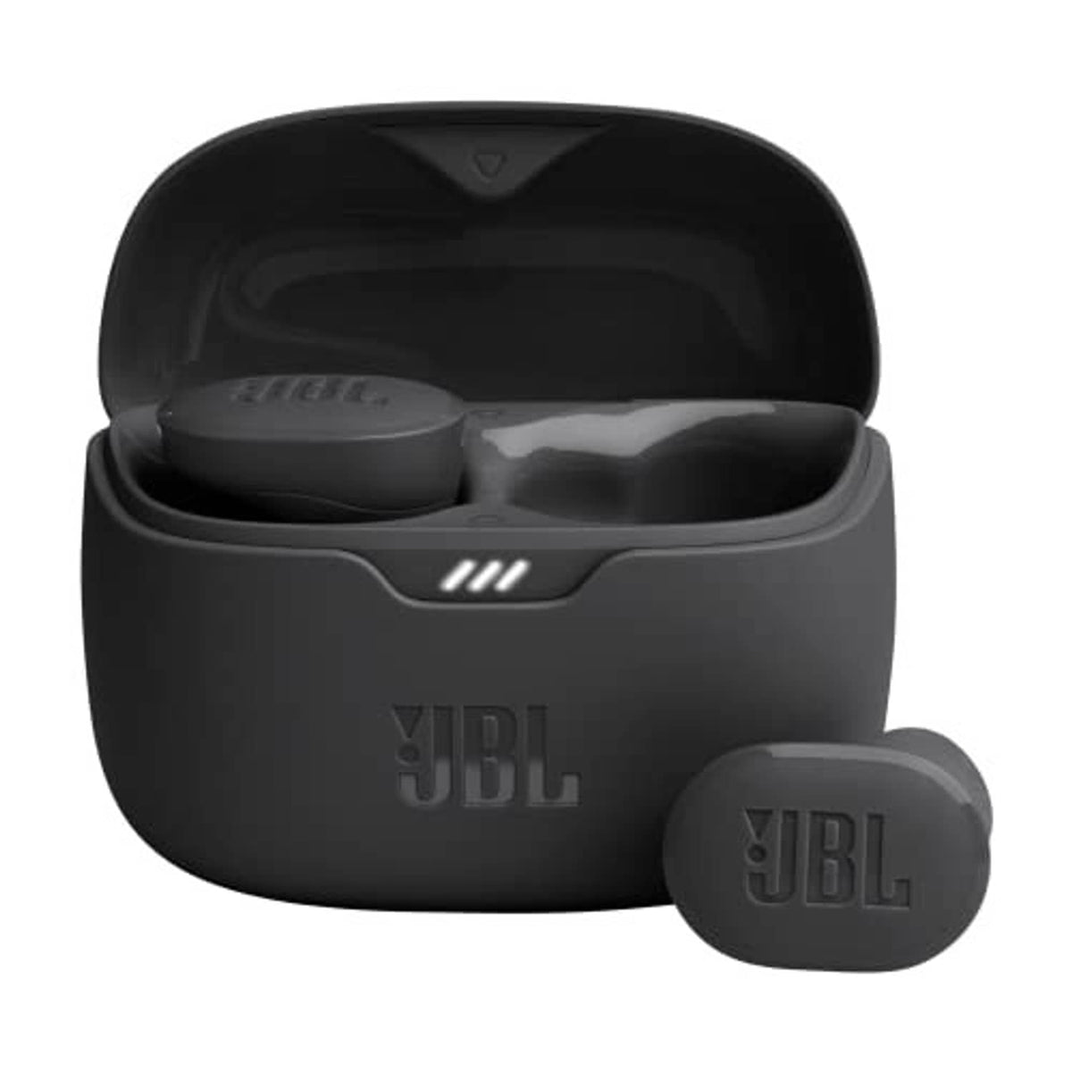 Black JBL true wireless earbuds with open charging case and one earbud outside.