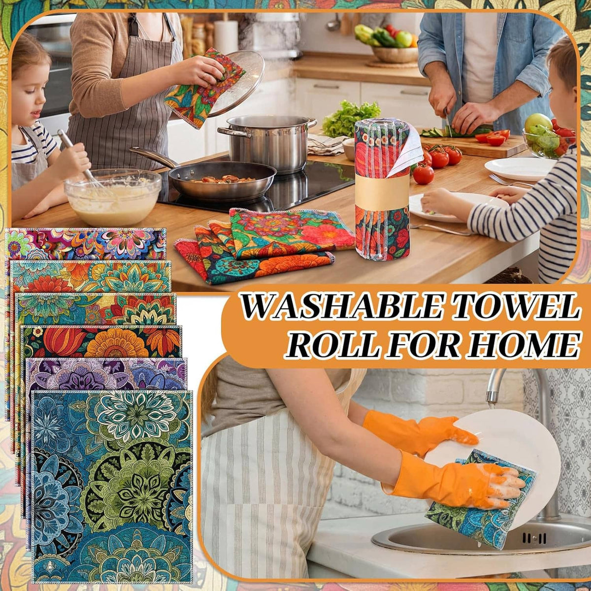 Reusable floral cloth towel set for home use, shown on counter and in multiple designs