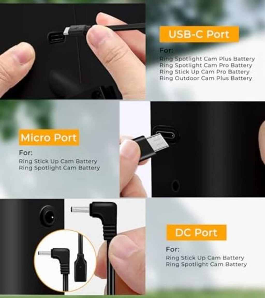 Solar charger connector set close-up: USB-C, micro, and DC port cables