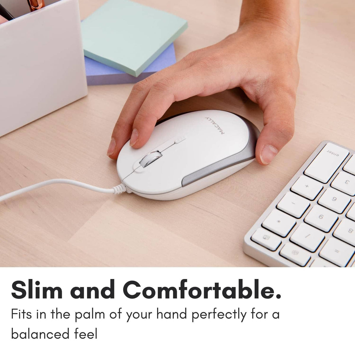 Slim wired computer mouse in white and gray, designed for comfortable palm grip