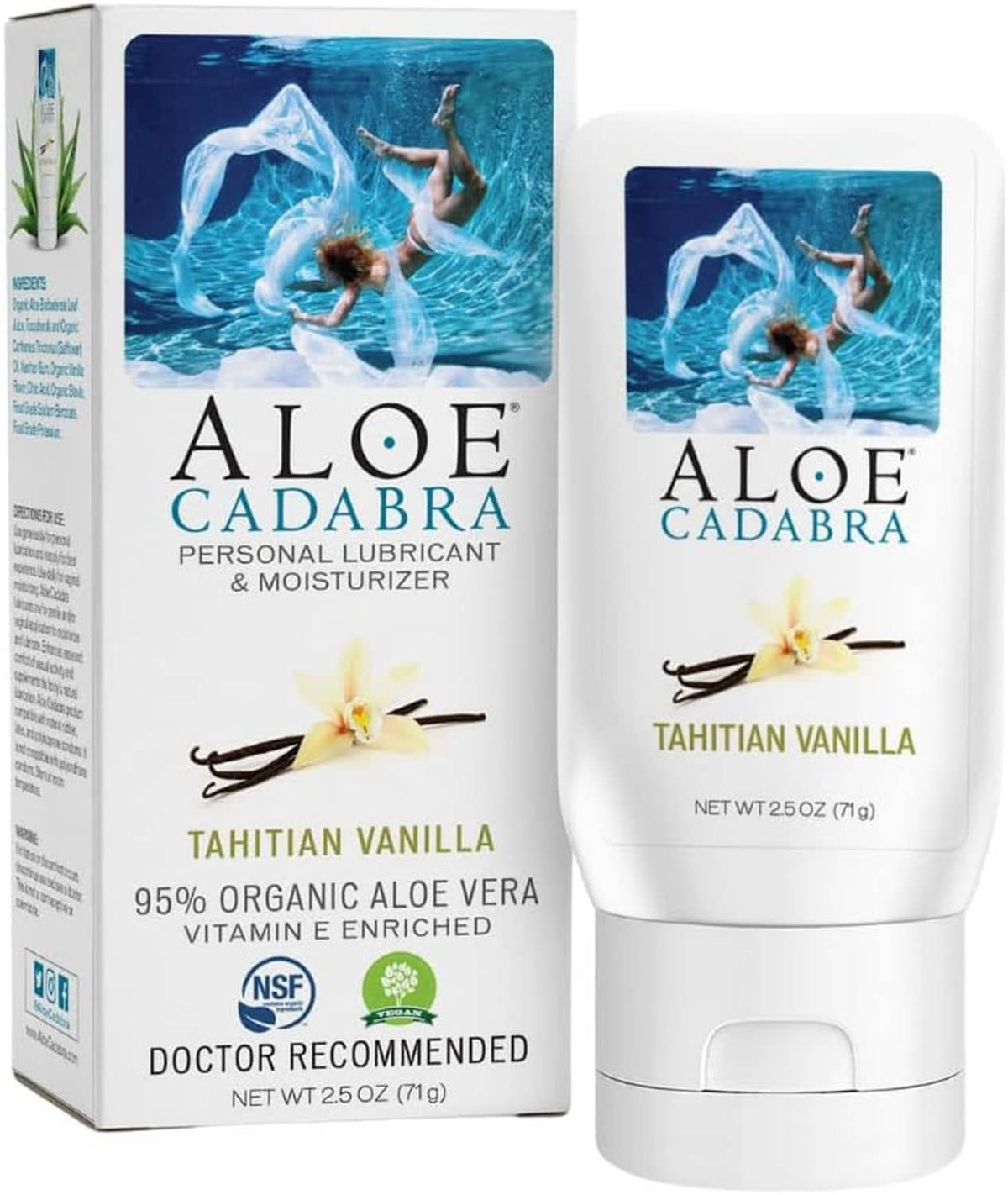 Aloe Cadabra Tahitian vanilla lubricant box beside squeeze tube, front label view