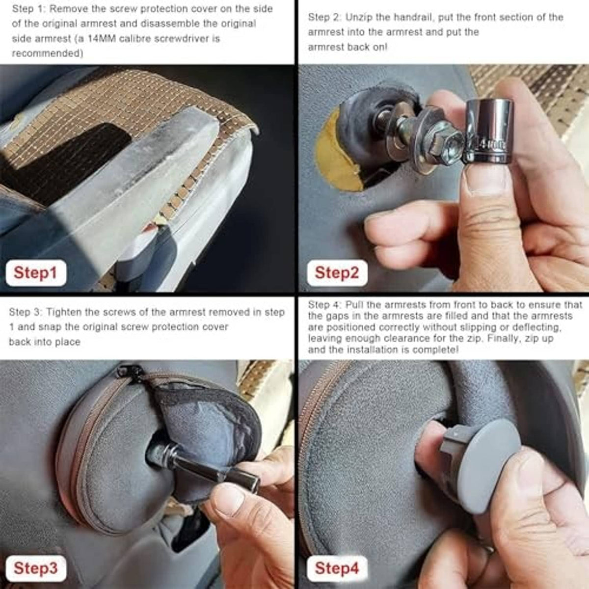 Gray seat bottom replacement cover installation shown with screws and tools