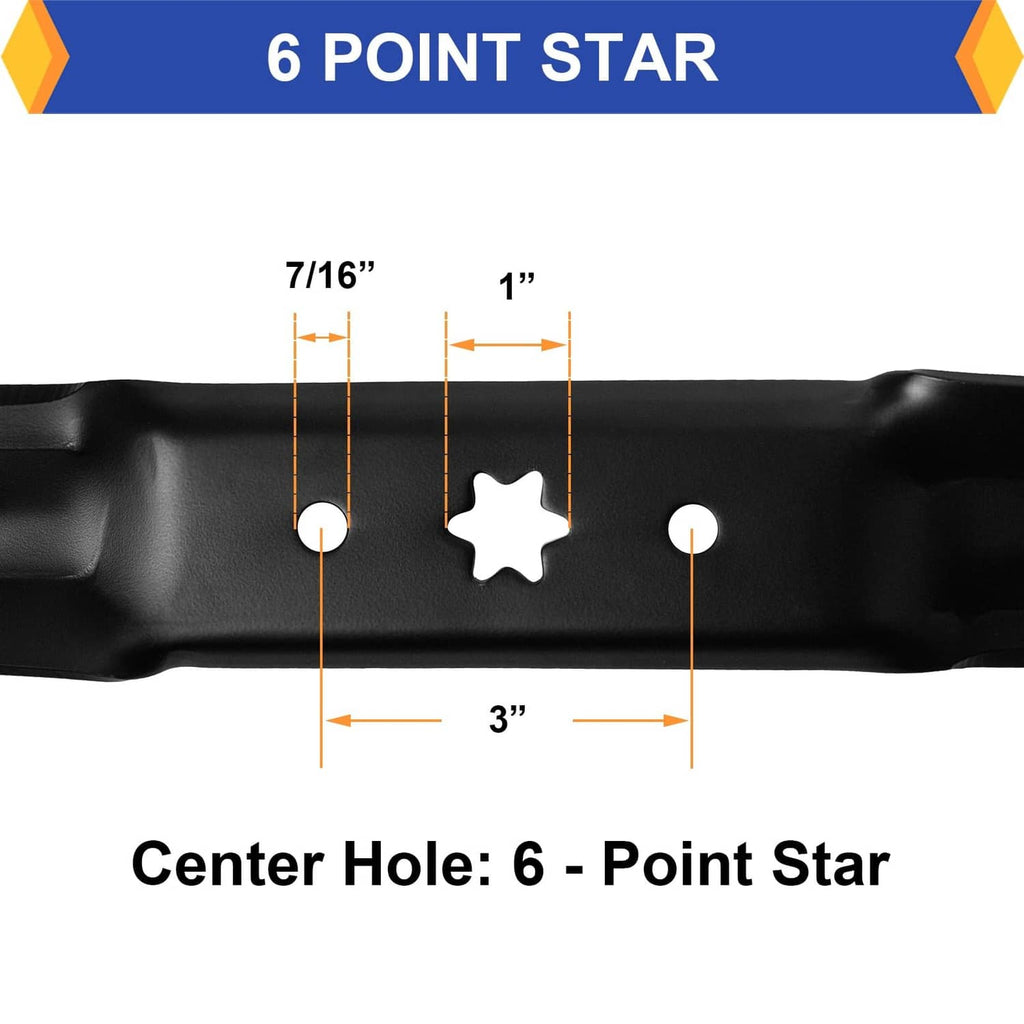Close-up of black mower blade showing 6-point star center hole