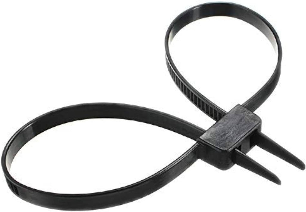 Black plastic zip tie cuffs with serrated lock mechanism and two pointed prongs