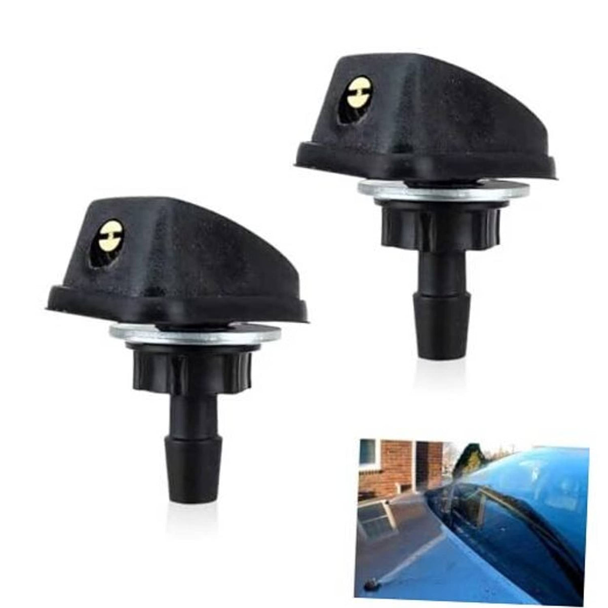 Pair of black windshield washer spray nozzles with 360-degree adjustable tops