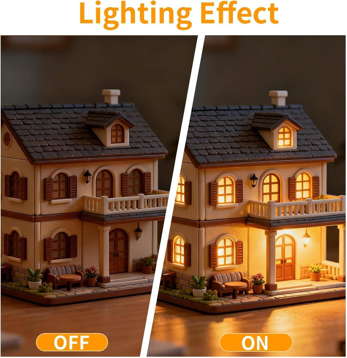 Mini LED spotlight lights shown off and on, warming dollhouse model windows