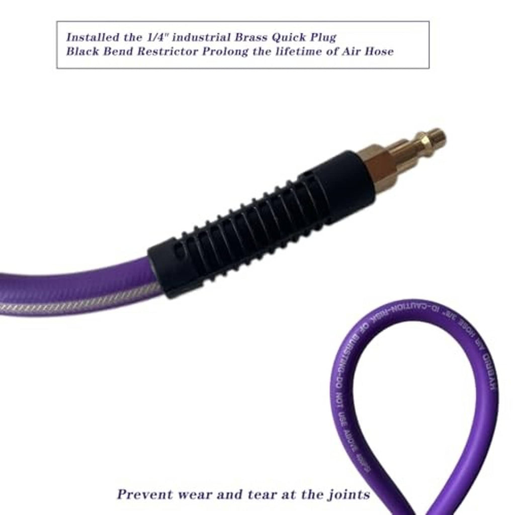 Purple air hose with brass quick plug and black ribbed connector, coiled end visible