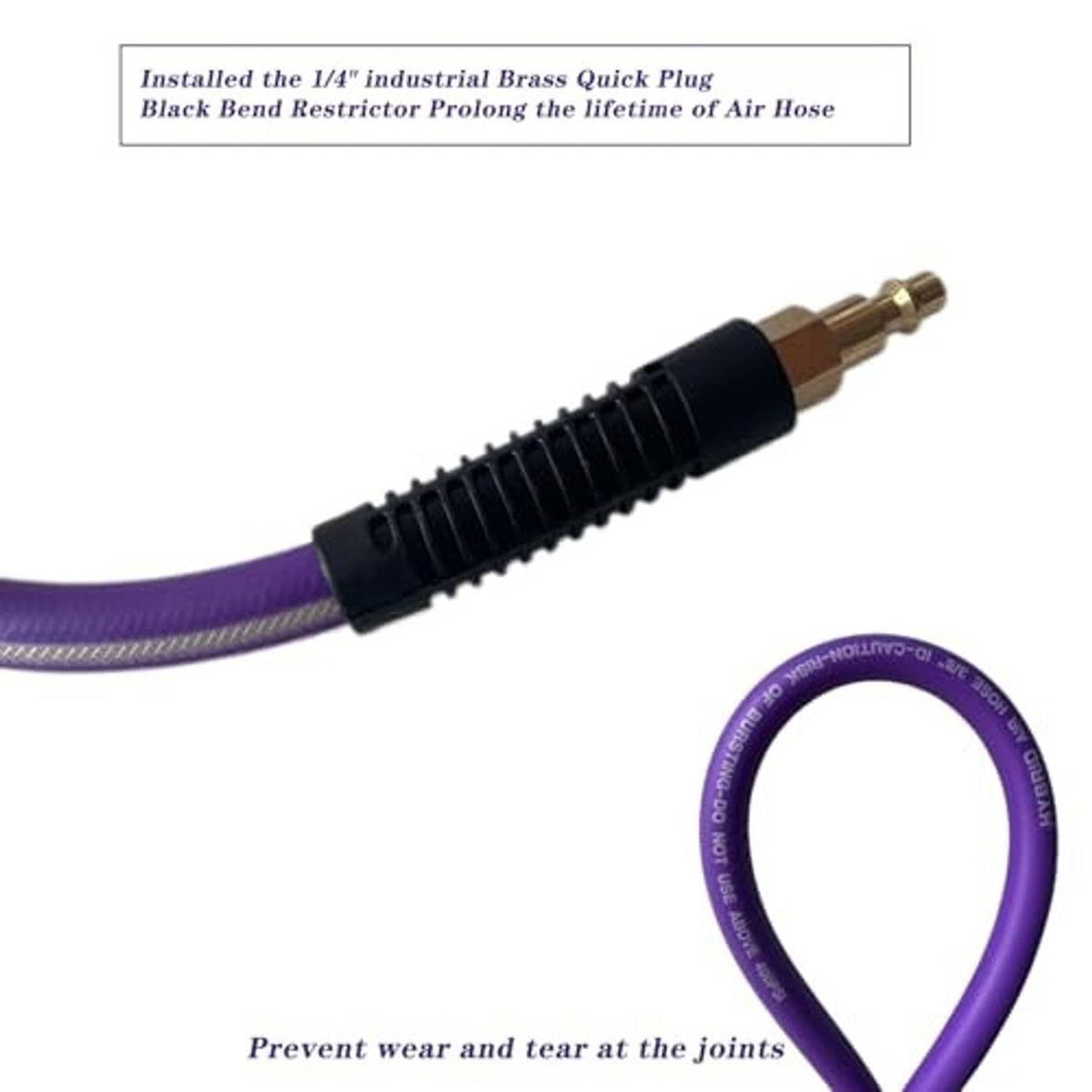 Purple air hose with brass quick plug and black ribbed connector, coiled end visible