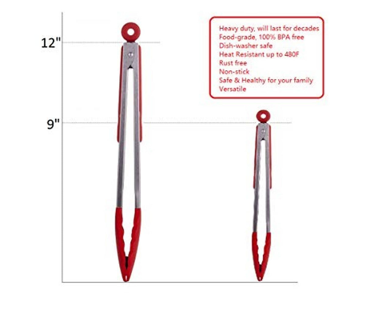 Two stainless steel kitchen tongs with red silicone grips, shown with length labels.