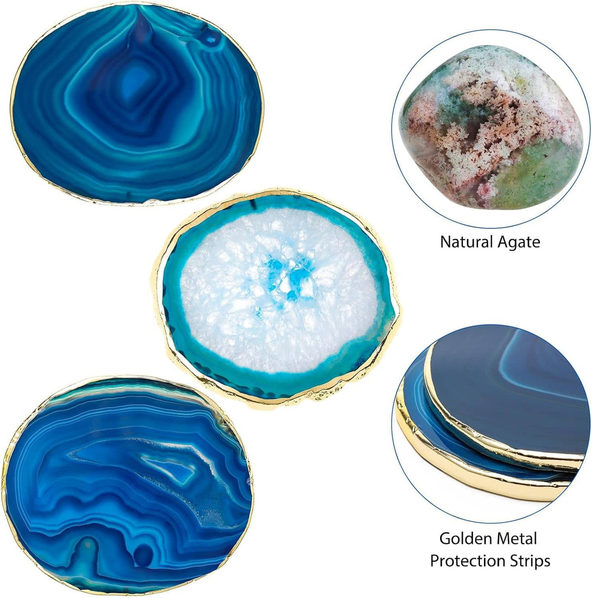 Blue agate-style coaster set with gold metal protection strips and natural stone detail.