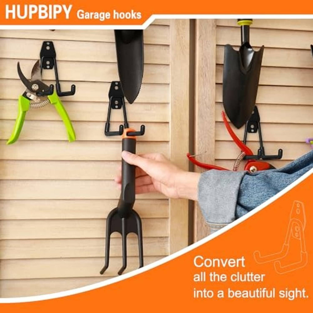 Black U-hook garage hook installed on a wooden wall panel with screws