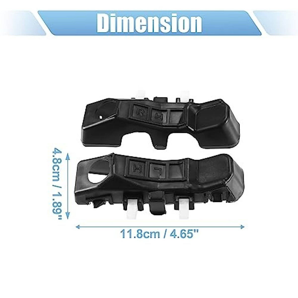 Front bumper mounting support bracket pair with mounting holes, size diagram shown