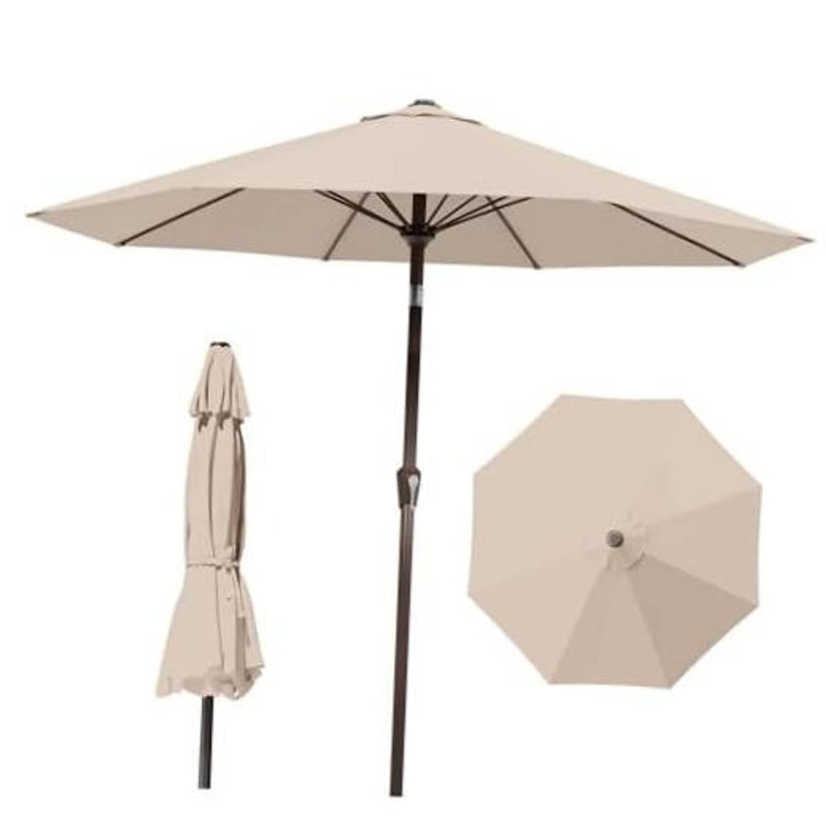 Beige patio umbrella with open canopy and dark central pole, includes folded spare cover