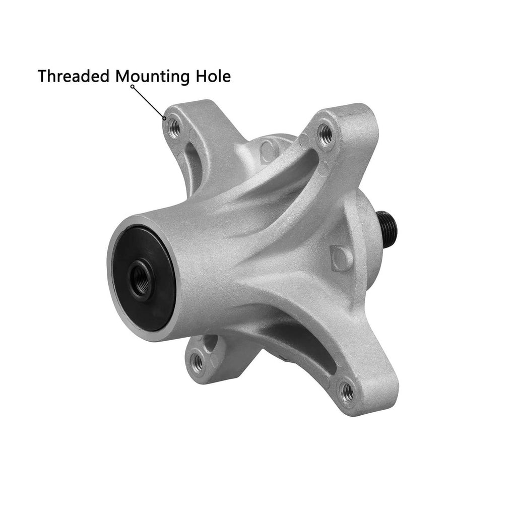 Mower spindle with threaded mounting holes, silver body and black rubber bearing
