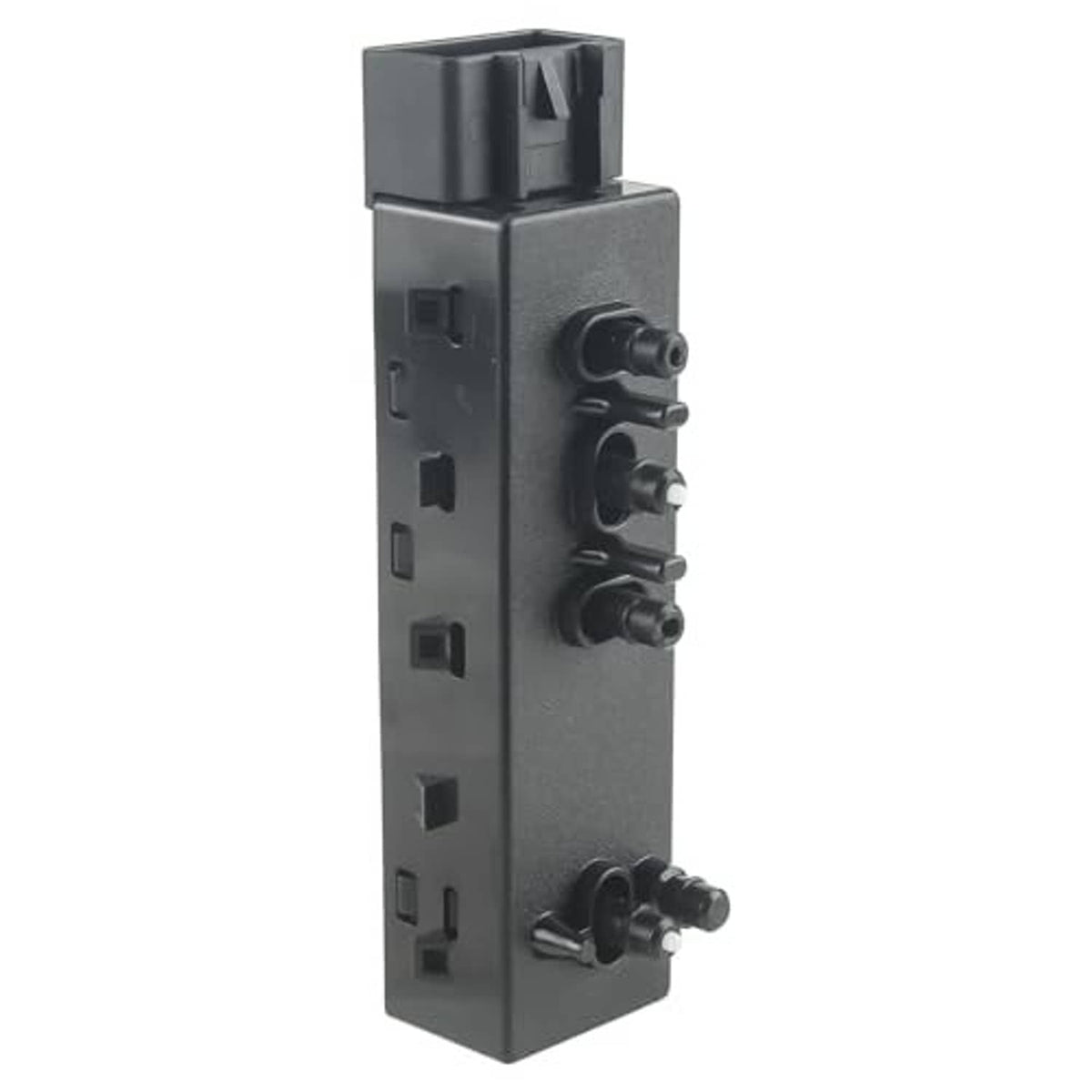 Power seat switch rear view with mounting holes and three terminal posts, dark plastic