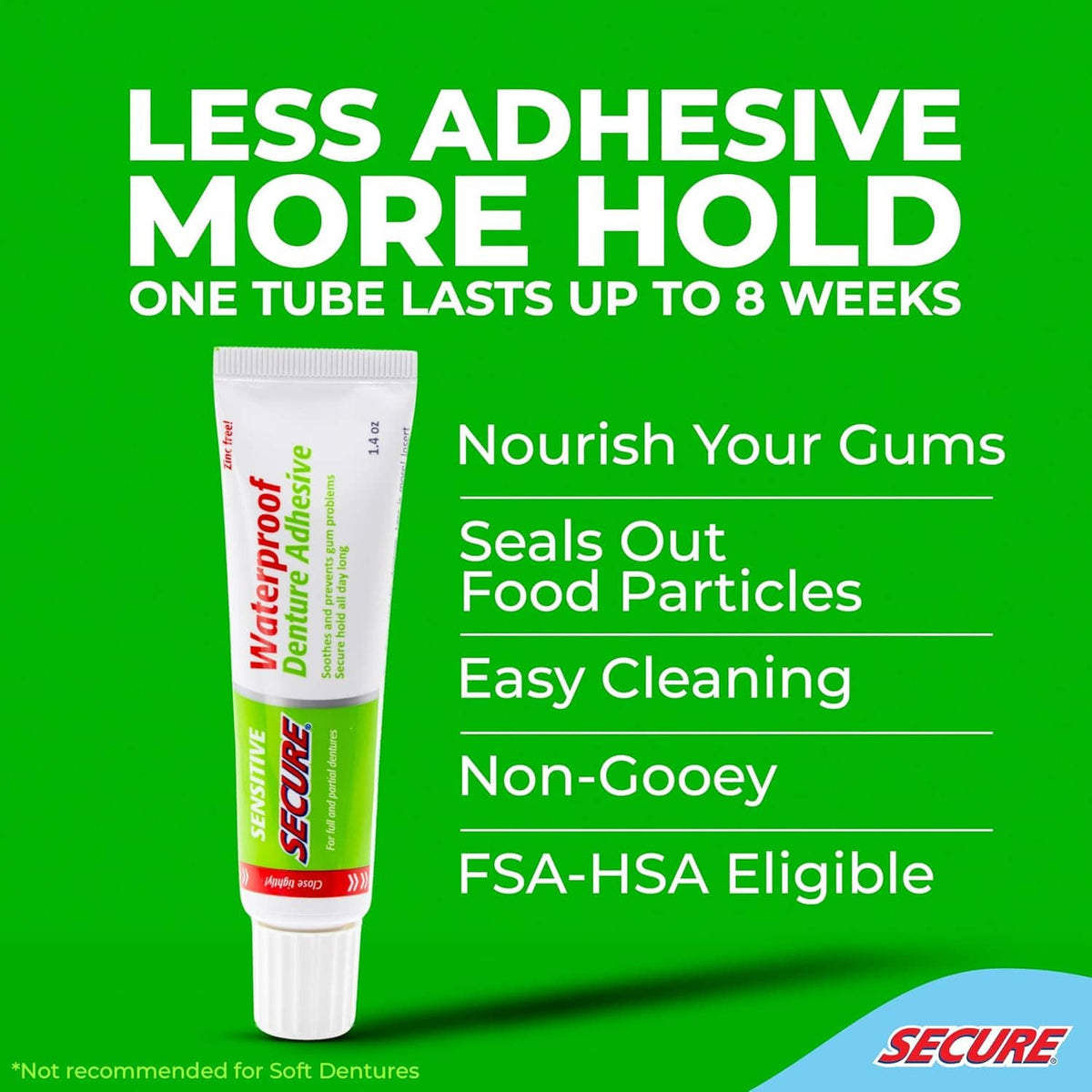 Denture adhesive tube with green accents and white cap
