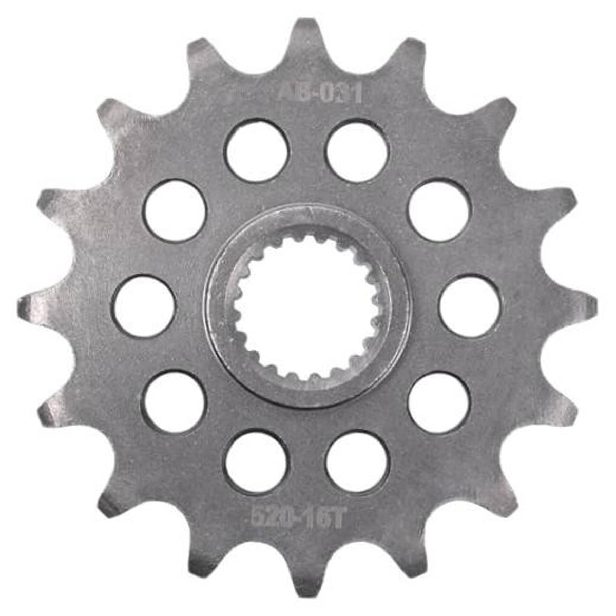 Metal front sprocket with circular bolt holes and central gear splines, 16T.