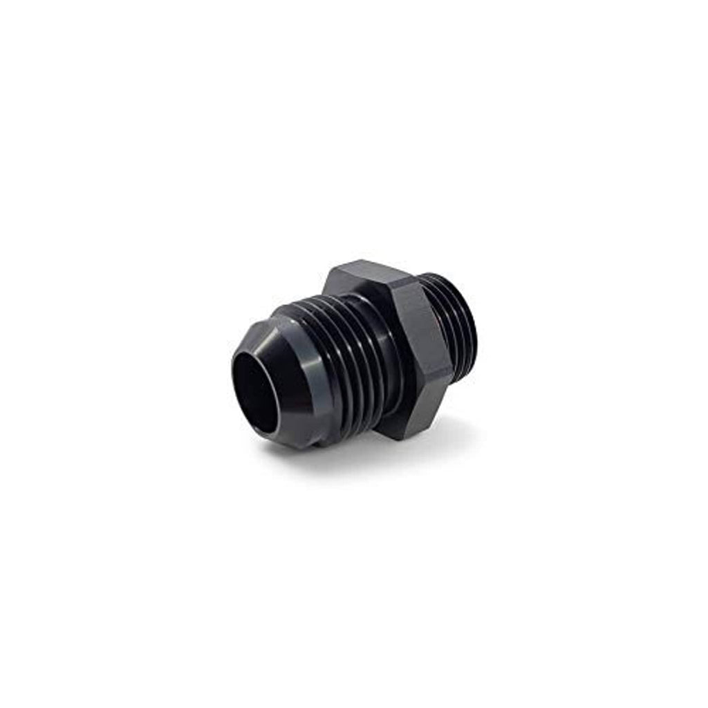 Straight male AN adapter side view, black threaded body with orange seal ring