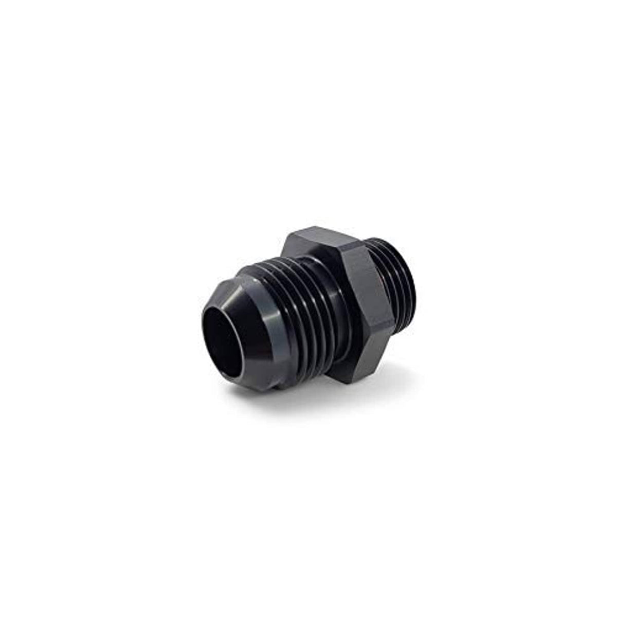 Straight male AN adapter side view, black threaded body with orange seal ring
