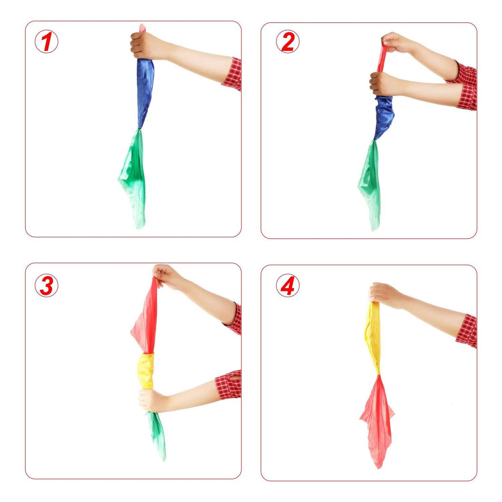 Hand-held color-changing silk scarf steps with red/blue and green/yellow