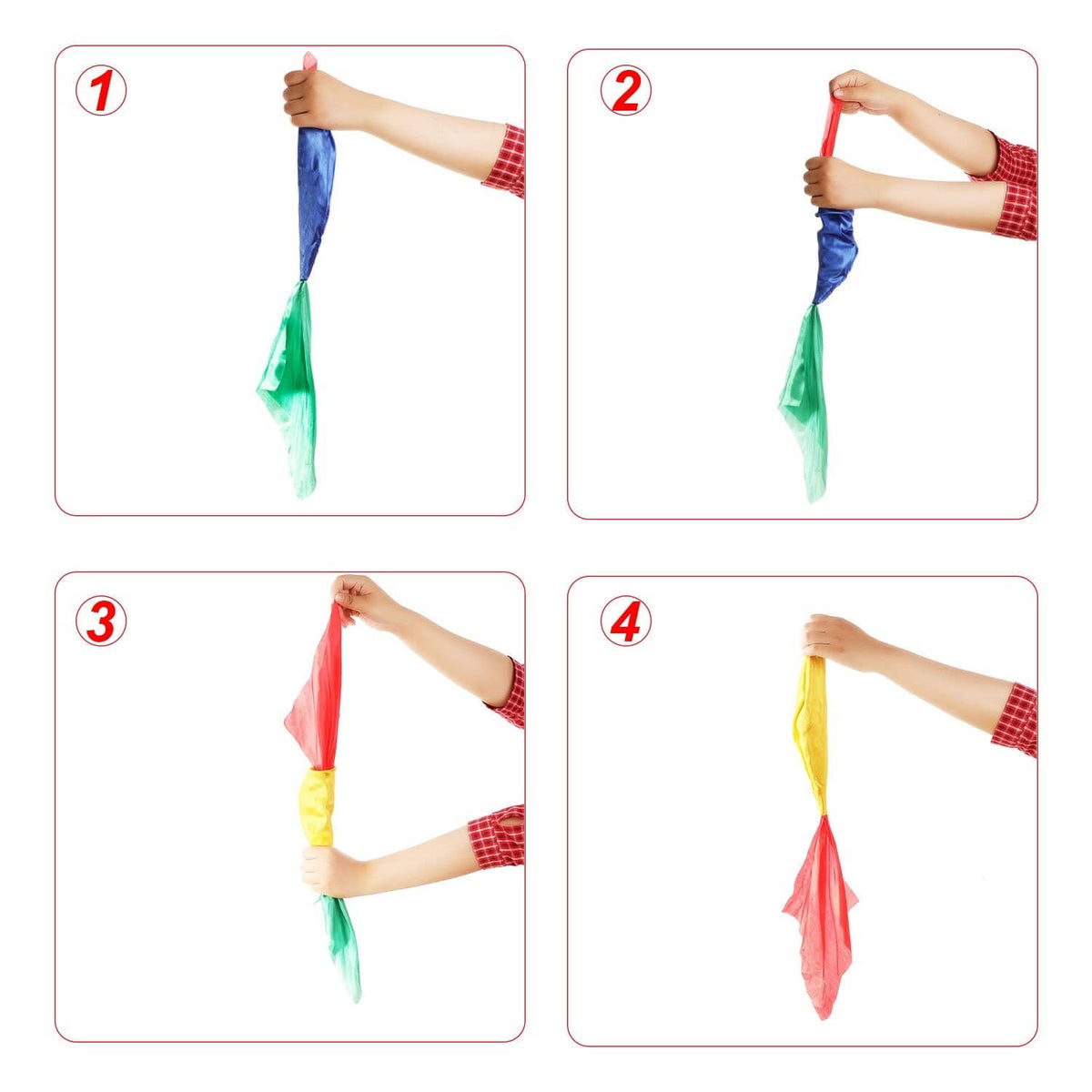 Hand-held color-changing silk scarf steps with red/blue and green/yellow