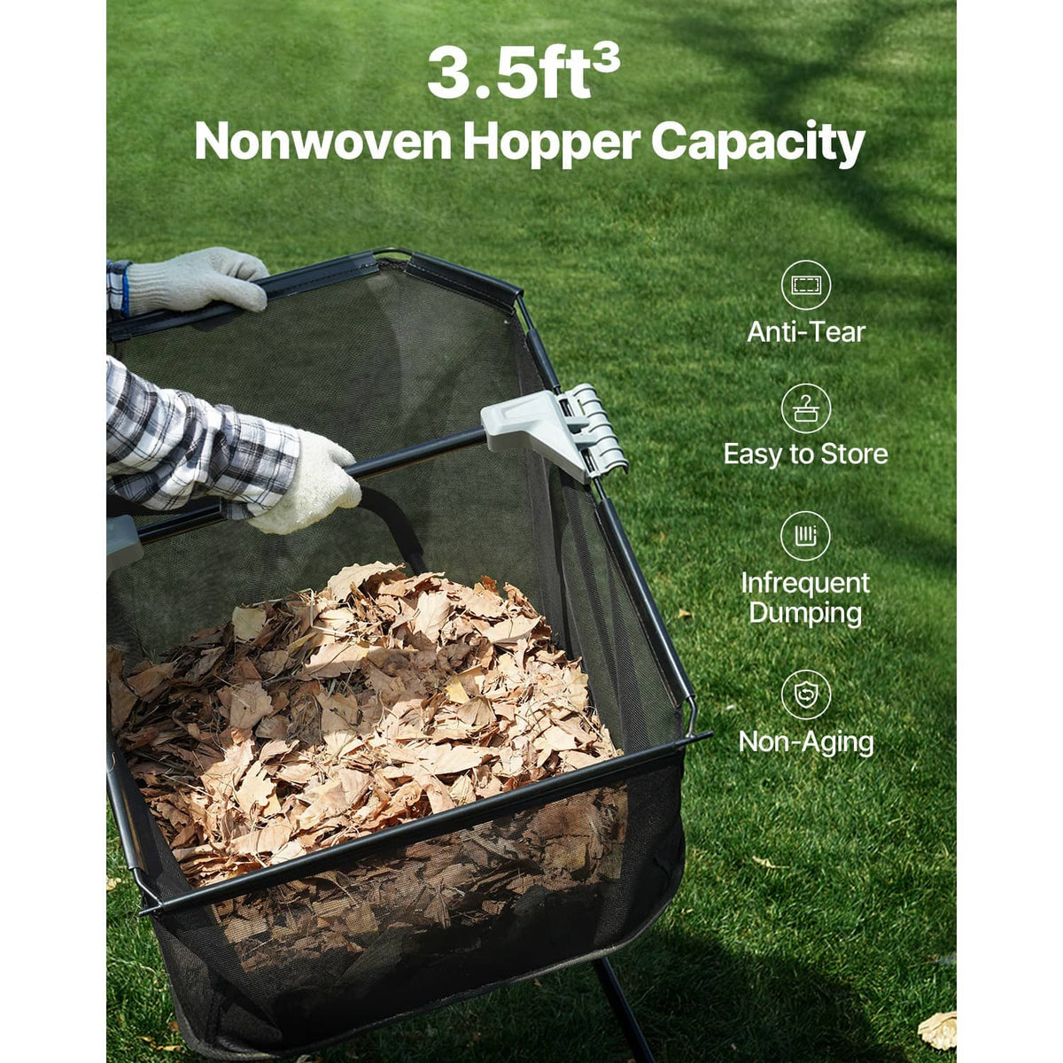 Lawn leaf sweeper with large nonwoven hopper bag for collecting leaves