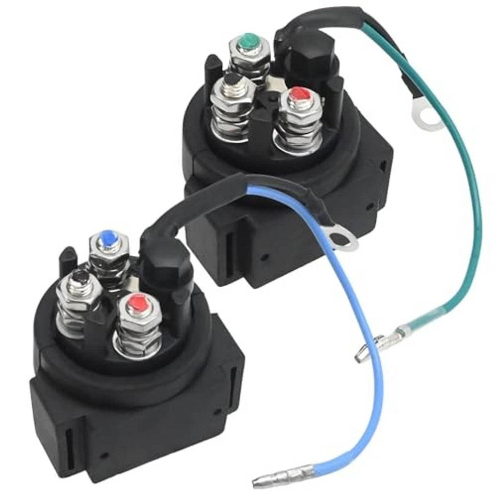 Two black relay solenoids with stacked terminals and blue/green wiring harness