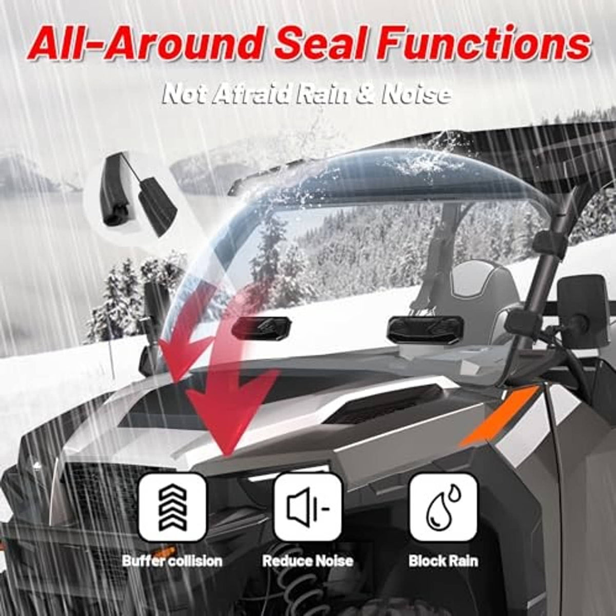 All-around sealed vented windshield designed to block rain and reduce noise