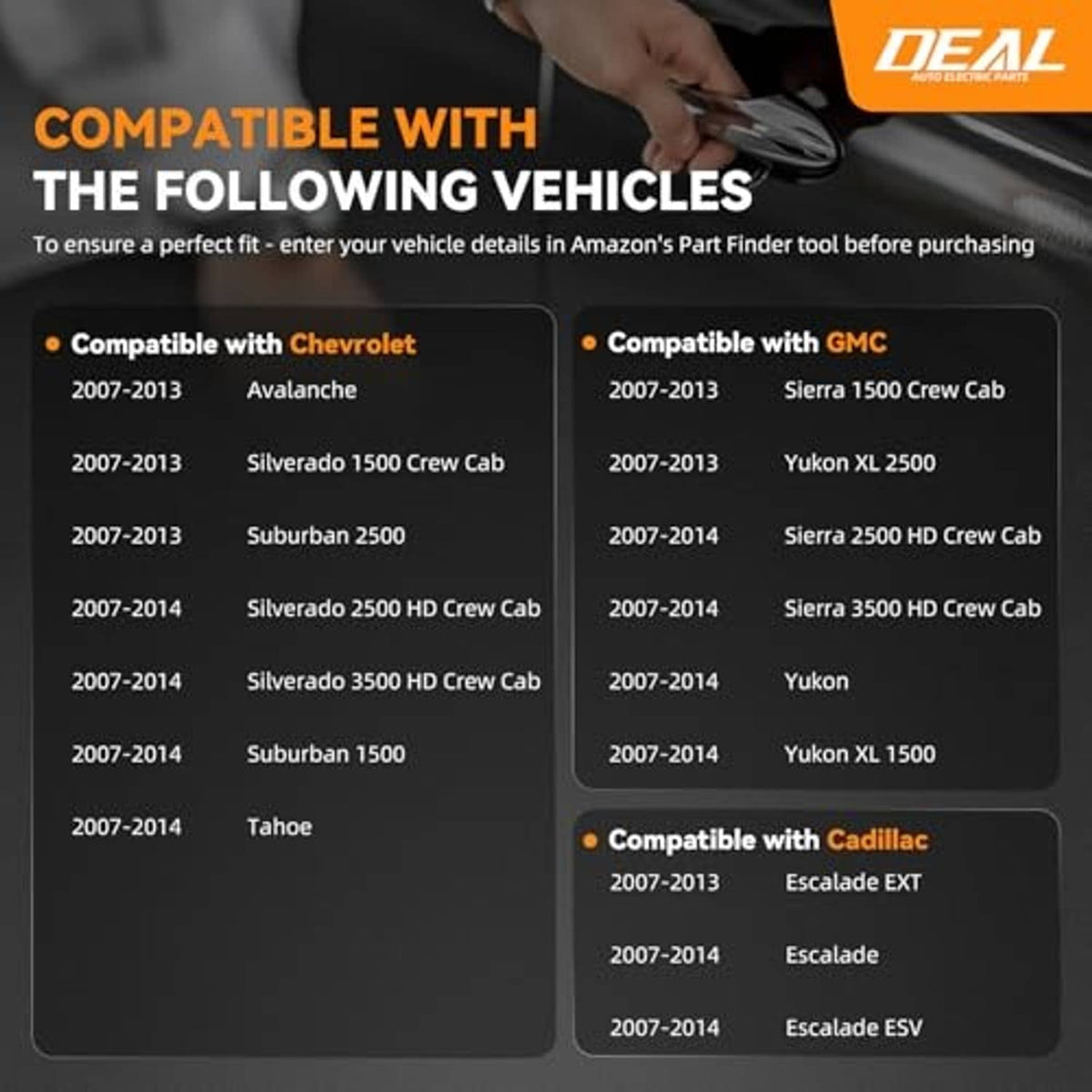 Exterior door handle set graphic with compatibility vehicle list and small handle detail