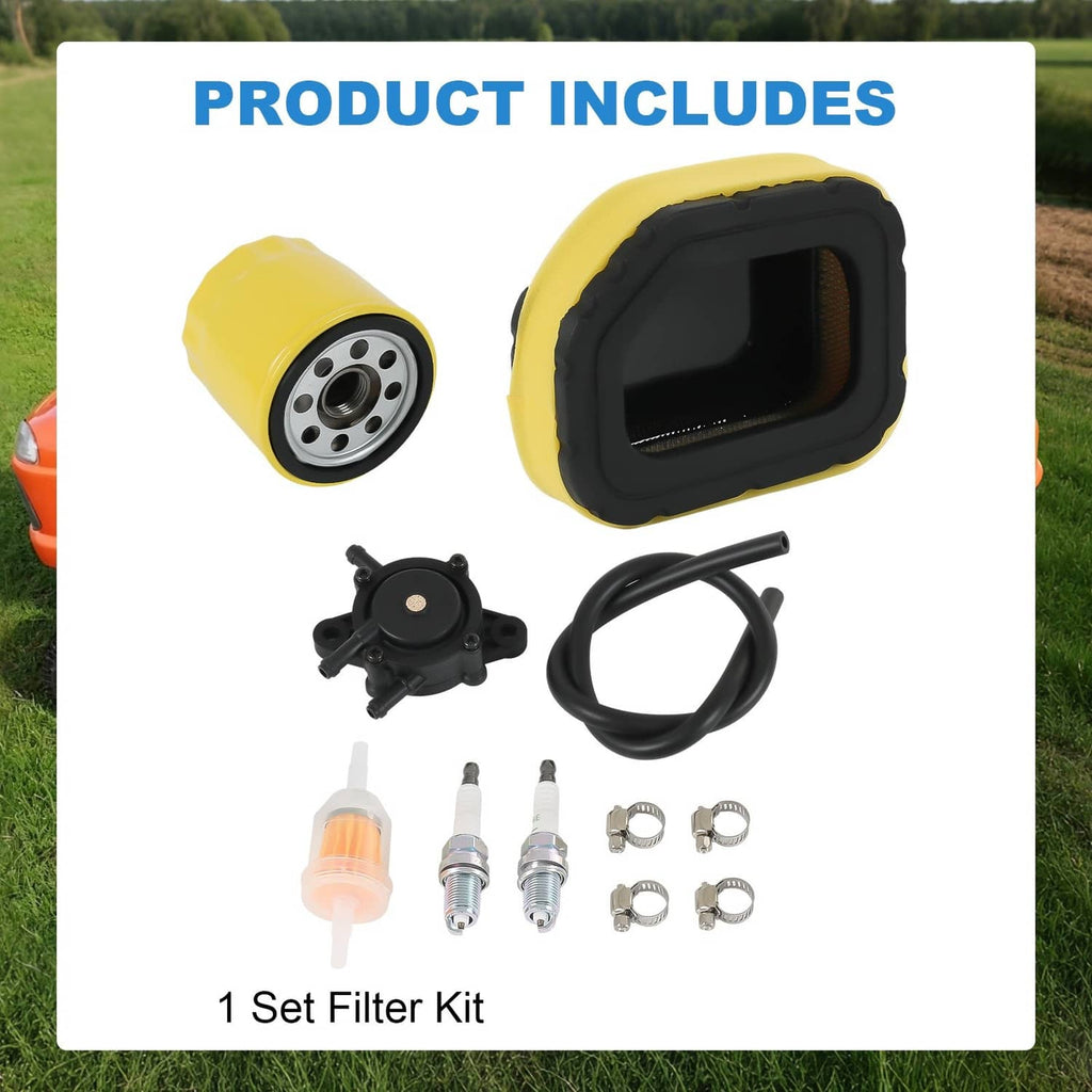 Air filter kit set with yellow foam filter, black housing, valve, hose, spark plugs and clamps