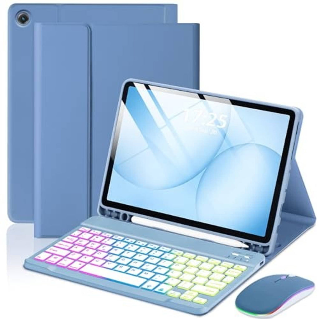 Blue folio tablet case with keyboard and wireless mouse, tablet propped on stand