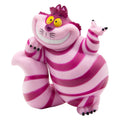 Cheshire Cat toy figurine in pink and purple striped outfit with raised paw