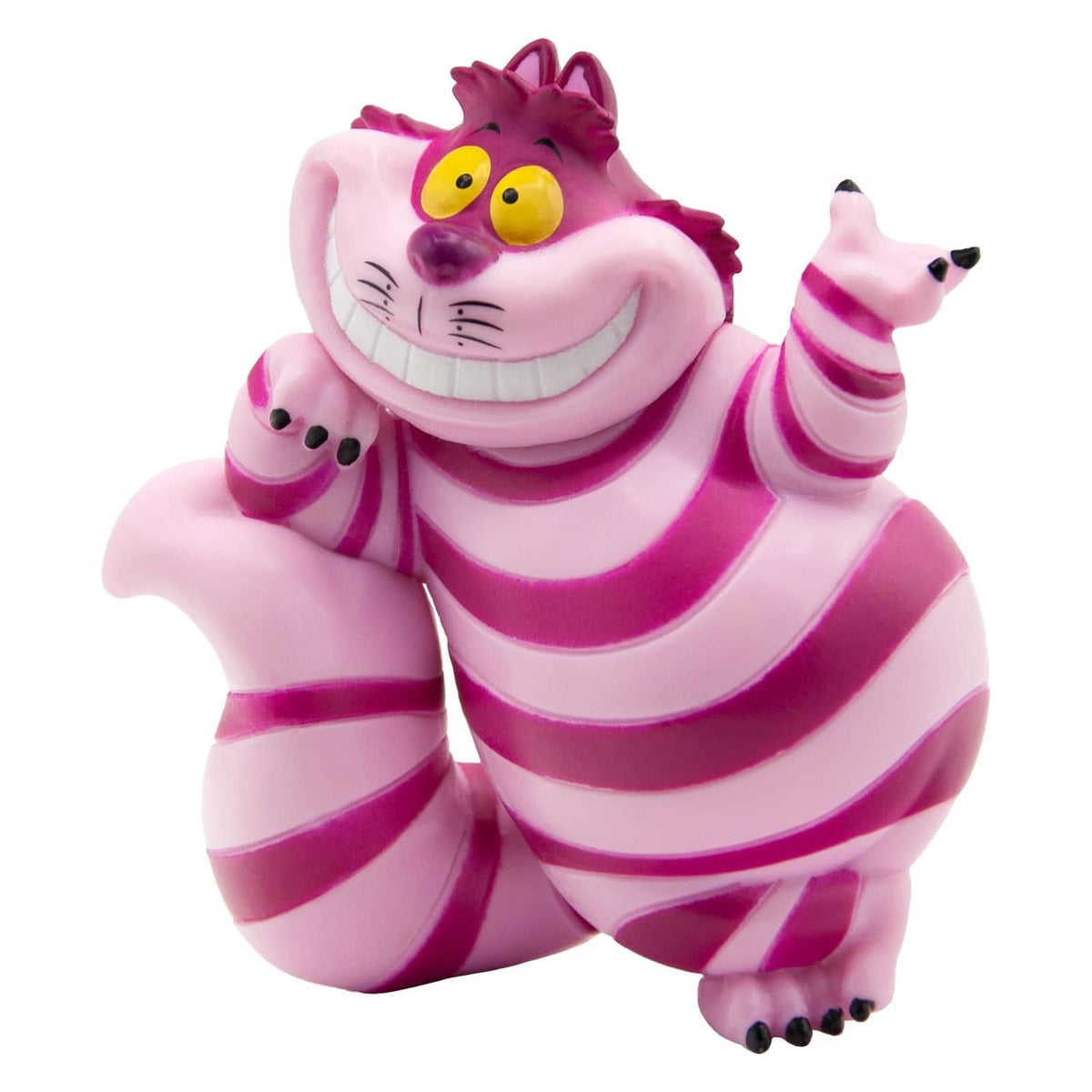 Cheshire Cat toy figurine in pink and purple striped outfit with raised paw