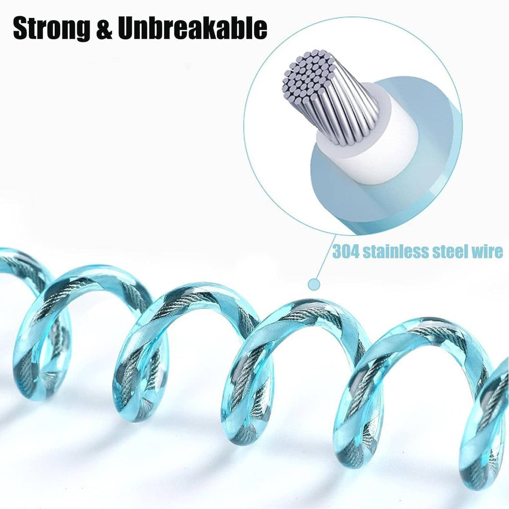 Coiled light blue stainless steel wire tether for wrist link leash