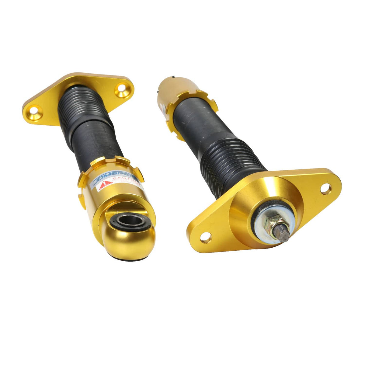 Gold adjustable coilover shocks with black spring perches and mounting plates