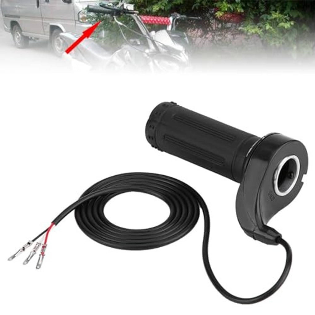 Electric scooter throttle with black grip and coiled wire harness, 3-pin leads